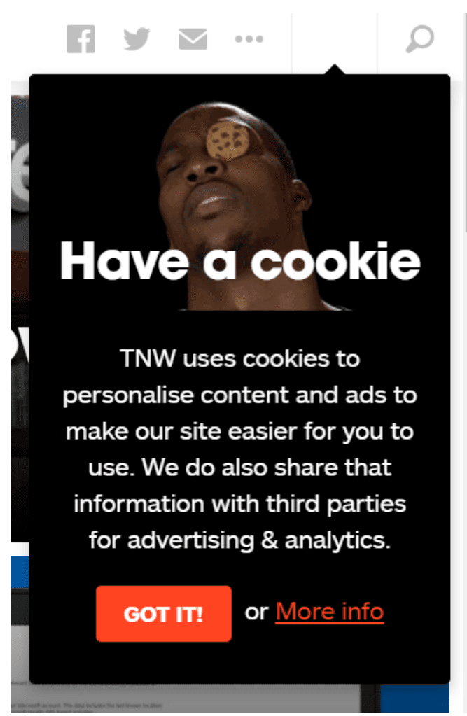 Screenshot of The Next Web notification of cookies