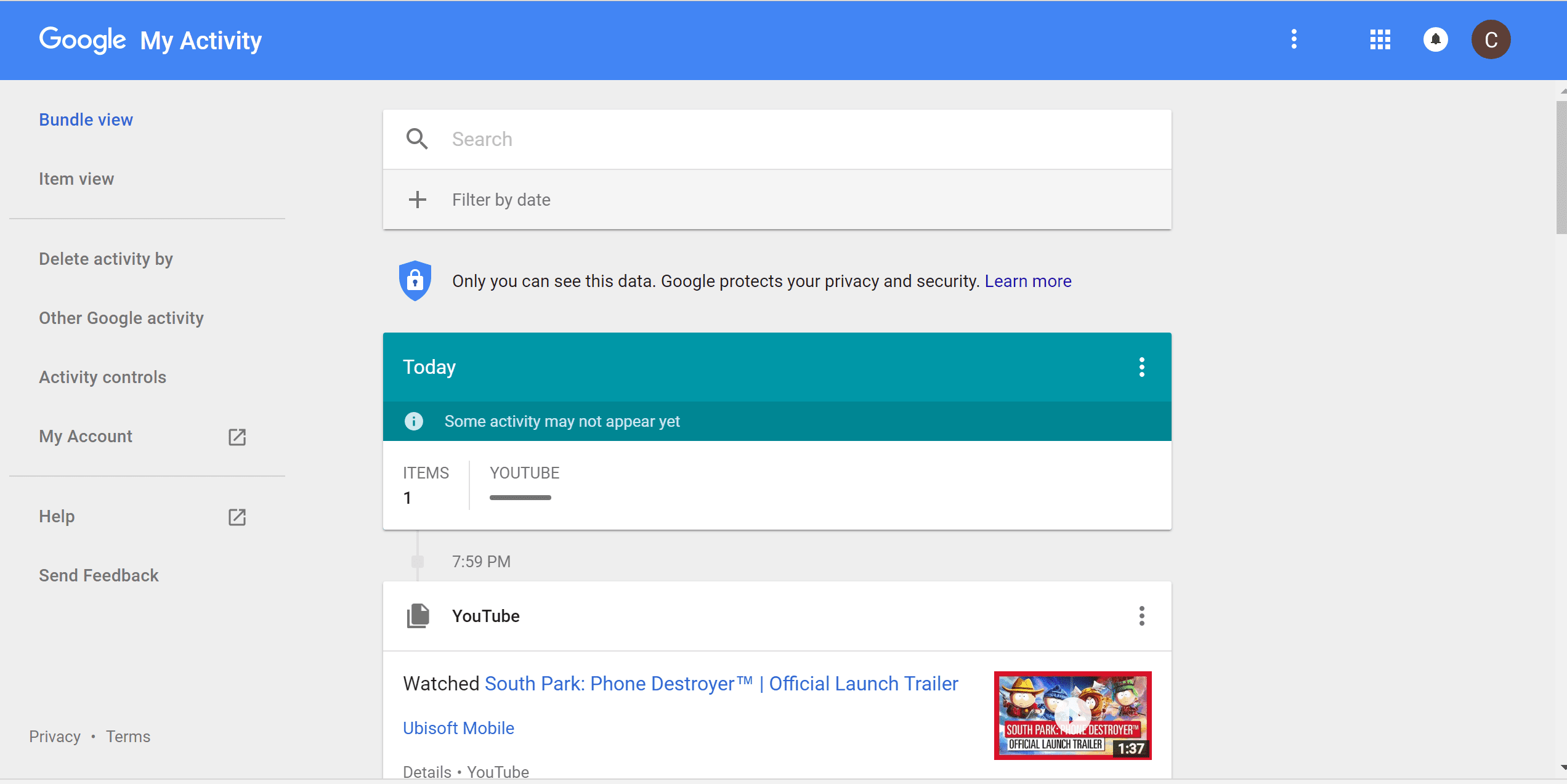 Screenshot of Google activity