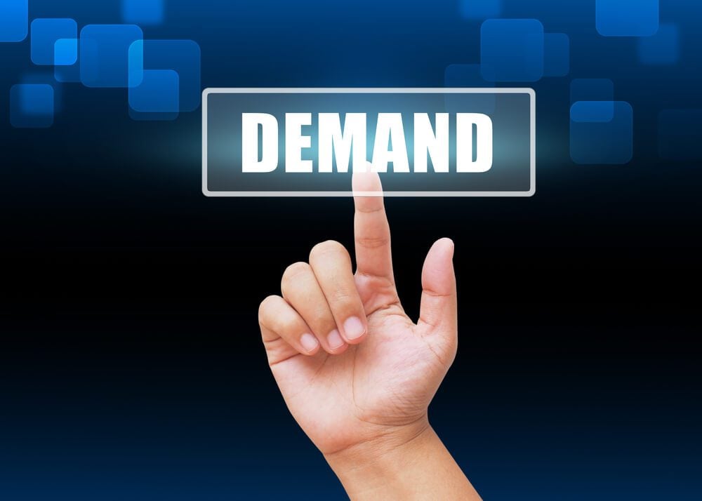 demand generation_Hand pressing Demand button with technology background