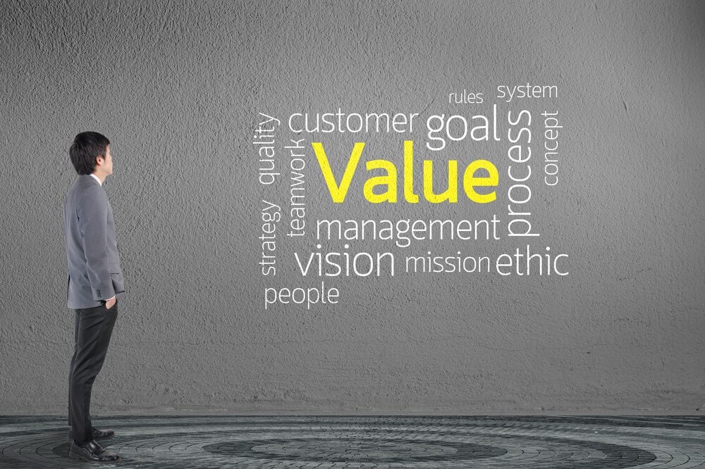 customer value_Businessman looking Value text wording in cloud concept