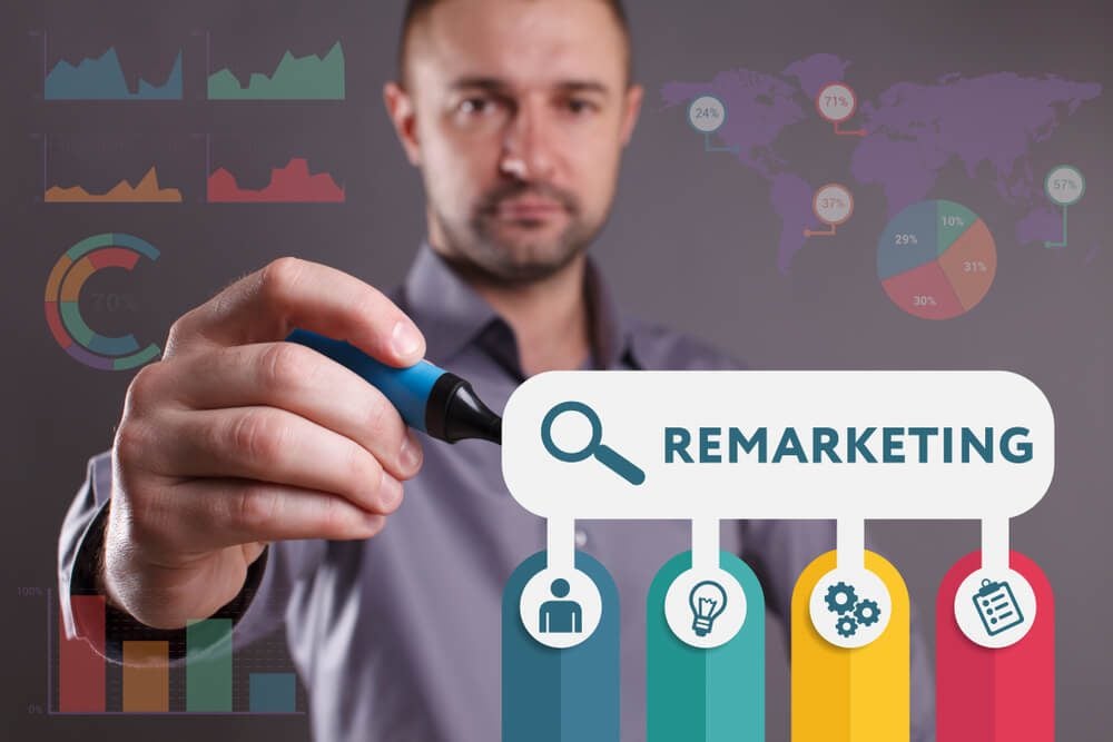 remarketing_Business, Technology, Internet and network concept. Young businessman working on a virtual screen of the future and sees the inscription: Remarketing