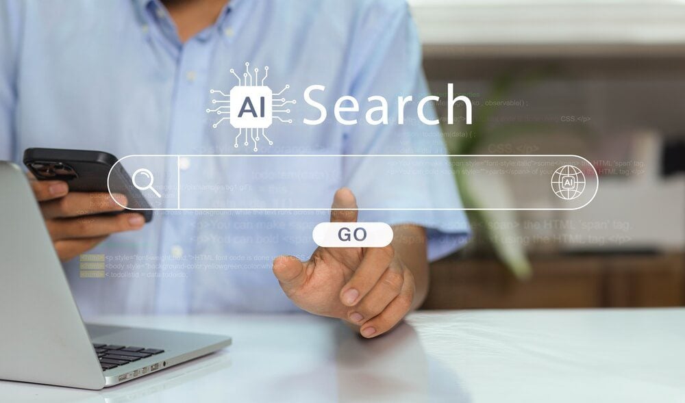 AI SEO_Business man searching online Big Data digital application Artificial Intelligence (AI) to help work on the futuristic business and coding software development on interfaces and network connections.