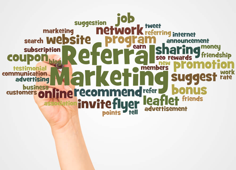 referral marketing_Referral Marketing word cloud and hand with marker concept on white background.