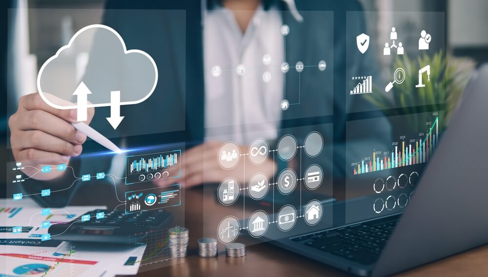 demand strategy_Business people using laptop with analytic graph and growing graph on virtual reality, graph investments for analysis market and demand.