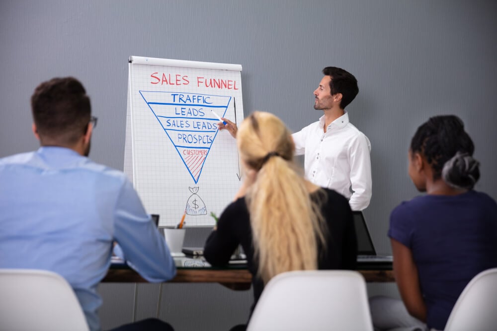 sales_Young Smiling Businessman Explaining Sales Funnel Diagram To His Colleagues In Meeting