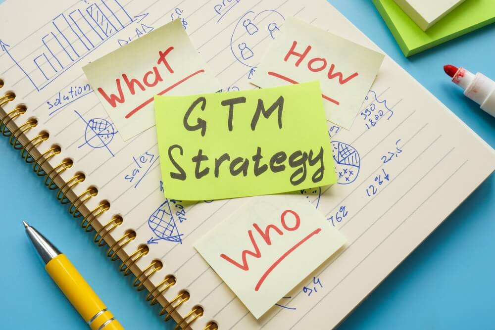 GTM_Notepad with marks and sticker GTM strategy.