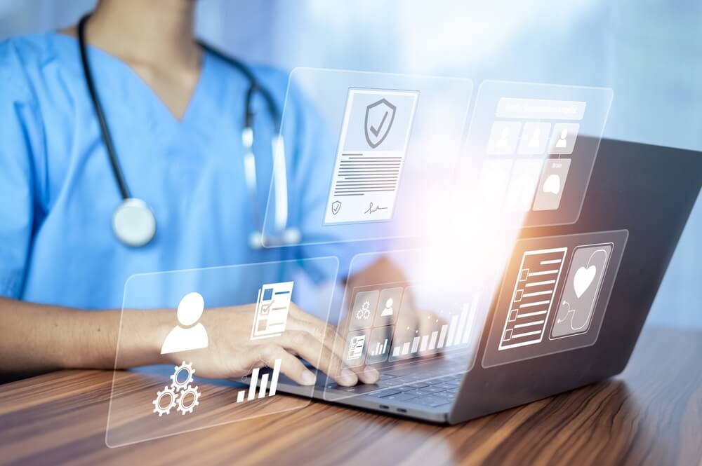 patient management software_Doctor using computer working in hospital, Doctor using computer checking data patient document, Doctor using computer for health care hospital background