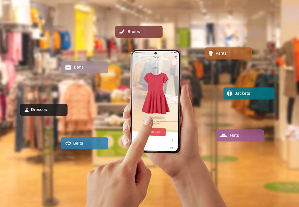 AR VR eCommerce_Buying clothes with virtual reality app on a smart phone. Choosing the color and size of the dress