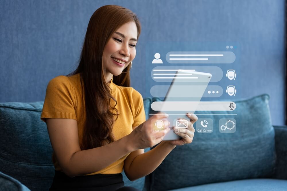 AI chatbot_Person use customer service and support live chat with chatbot and automatic messages, Artificial intelligence, and CRM software technology. AI Chatbot smart digital customer service application.