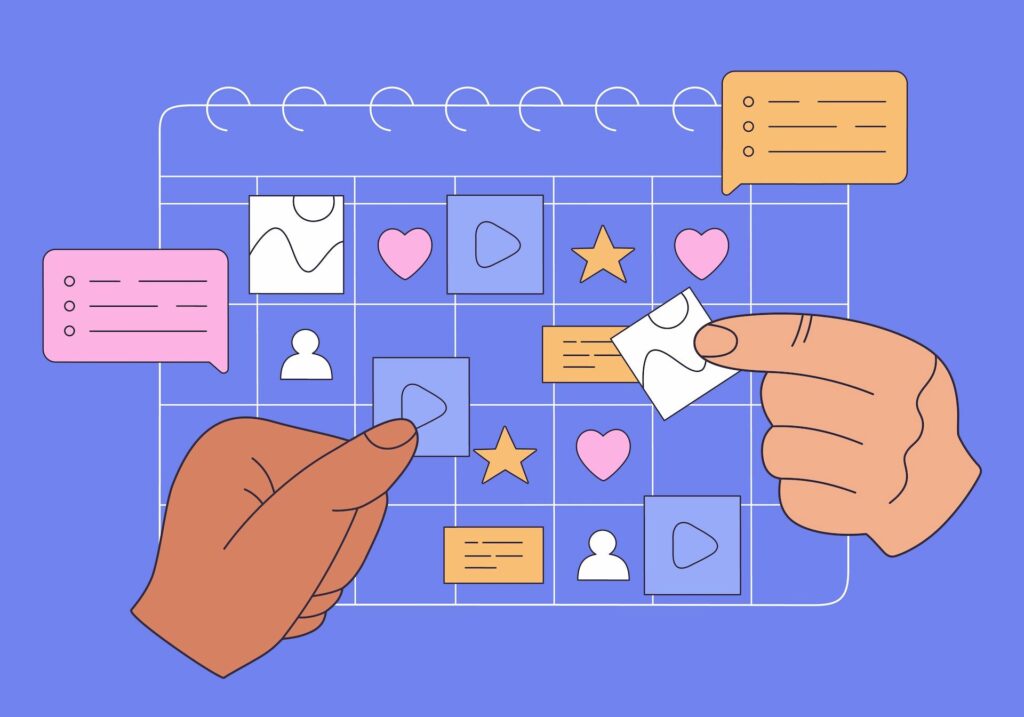 Two hands move icons around a purple social media for nonprofits content calendar