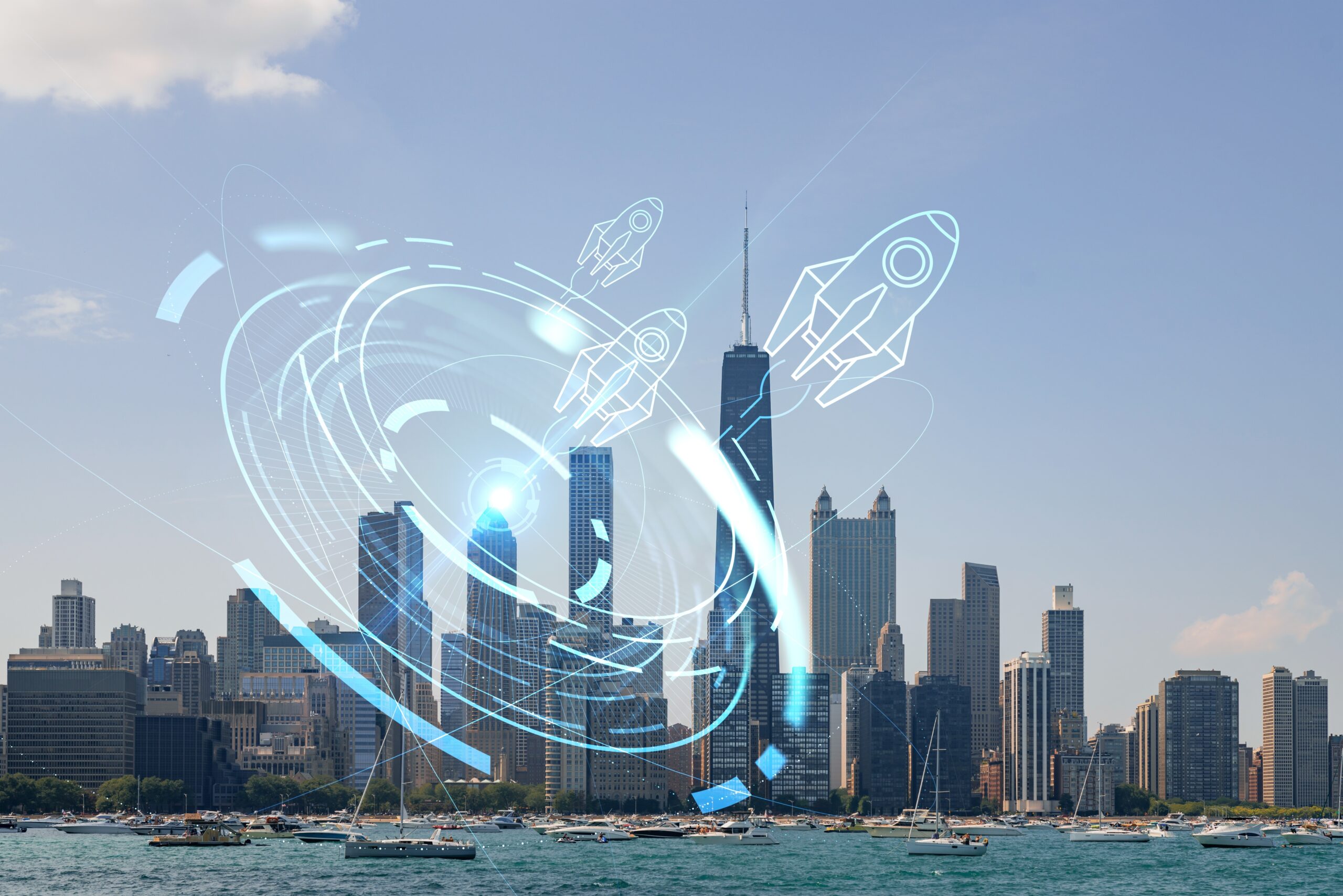 Light blue spaceship soars over the Chicago skyline representing scaling marketing with a Chicago FCMO