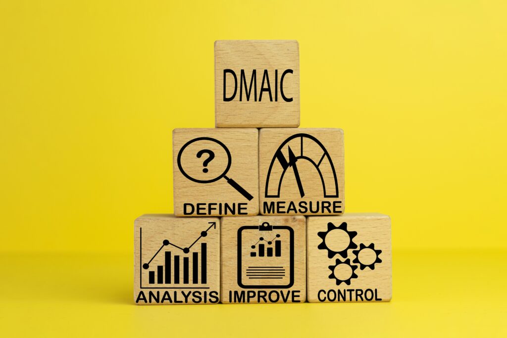 Wooden blocks showing Define, Measure, Analyze, Improve, Control. The 6 Sigma is one strategy from FCMOs for healthcare workflow optimization in Chicago strategy. 