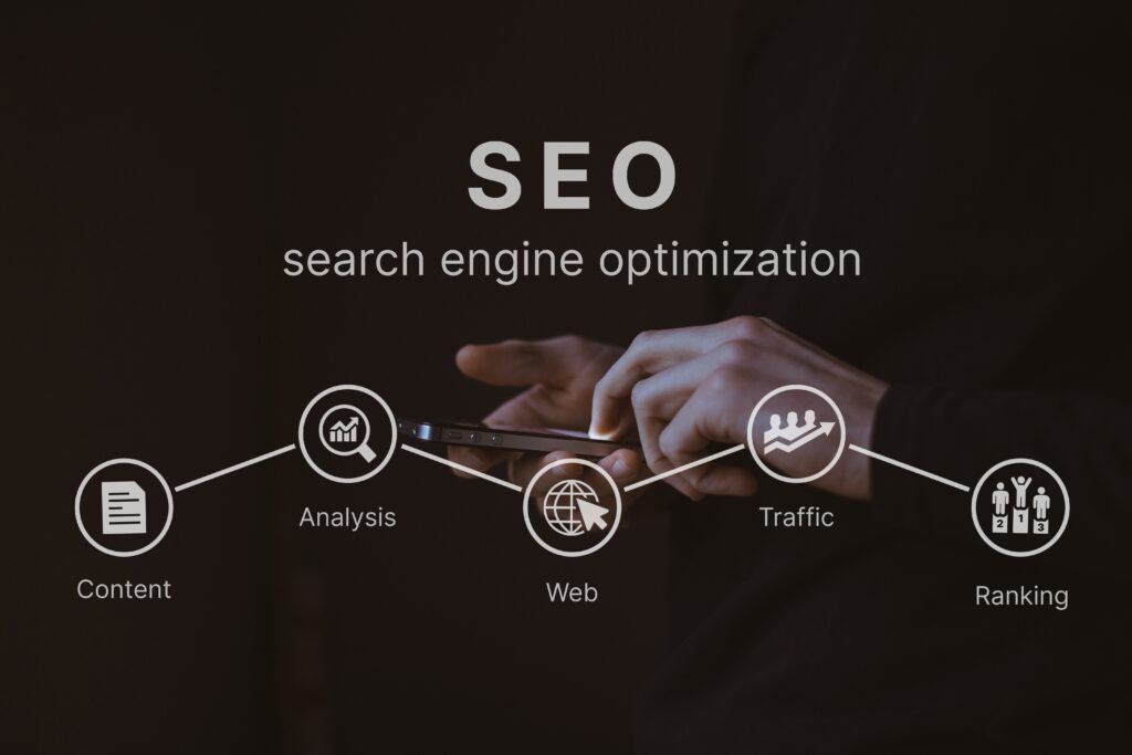 Over someone using a phone, text says "SEO" "Search Engine Optimization" and the FCMO Patient Acquisition Tips like the words content, analysis, web, traffic, ranking