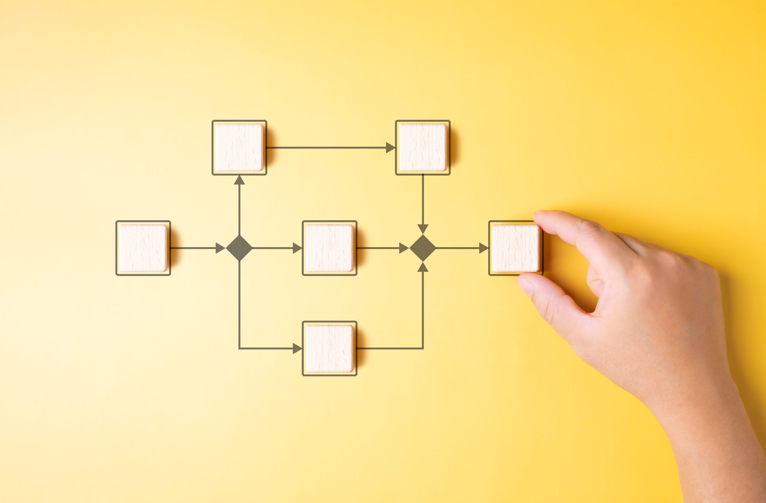 An arrow shows how a hand moves wooden blocks to represent how FCMOs optimize workflows for Chicago healthcare companies