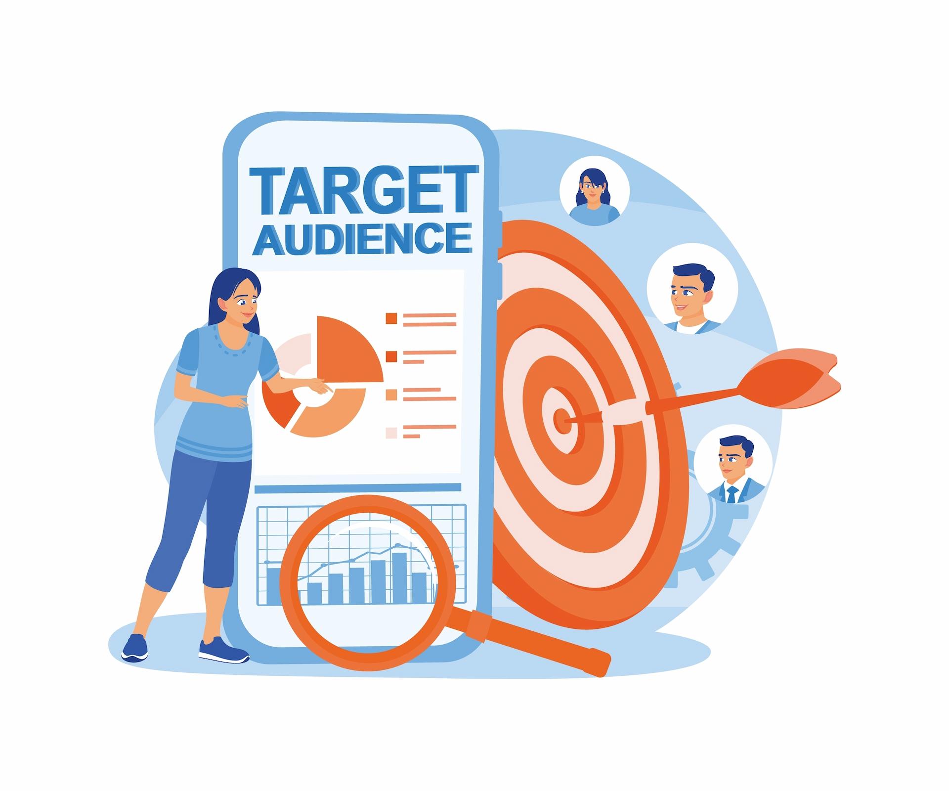 A social media for nonprofits exec points to a phone with text target audience and graphs. A dart in the middle of dart board with 3 buyer personas.