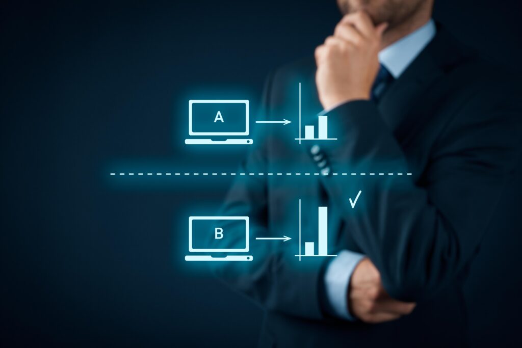 Glowing graphic in front of businessman thinking about Email marketing for nonprofits: Computer A over computer B, and points to a two-bar graph. Chart B is doing better.