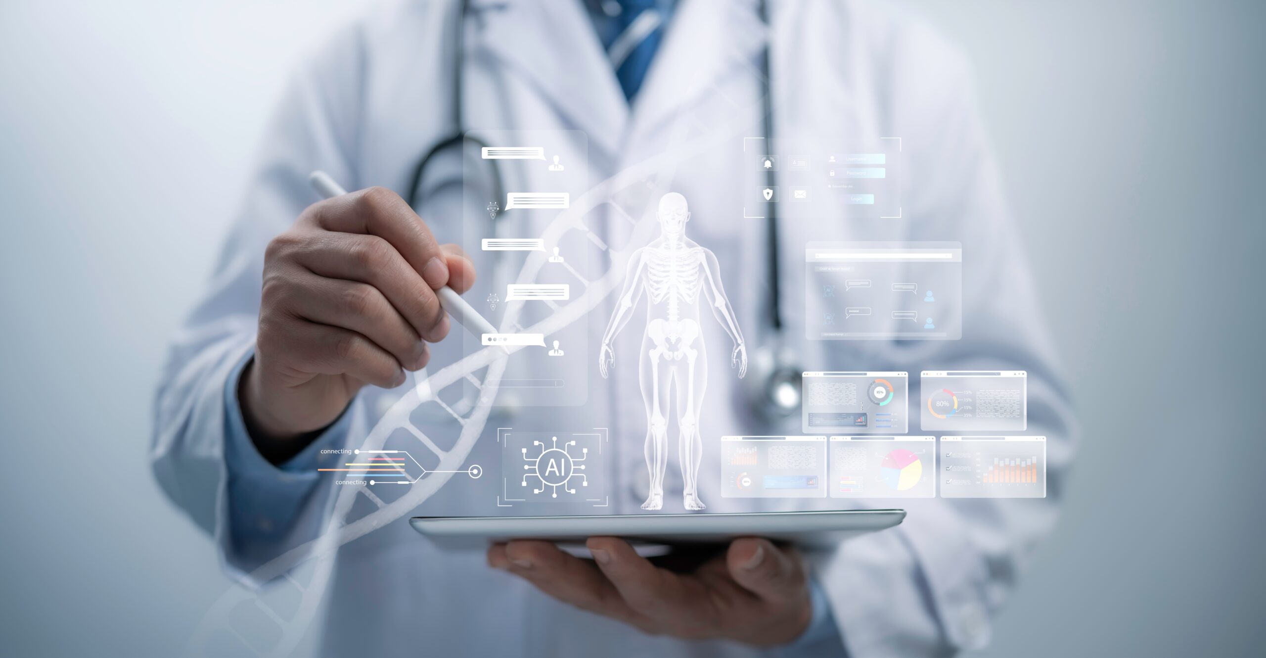 A lab coat doctor looks at an image of a person and DNA strand made by a Charlotte FCMO medical device for marketing strategies