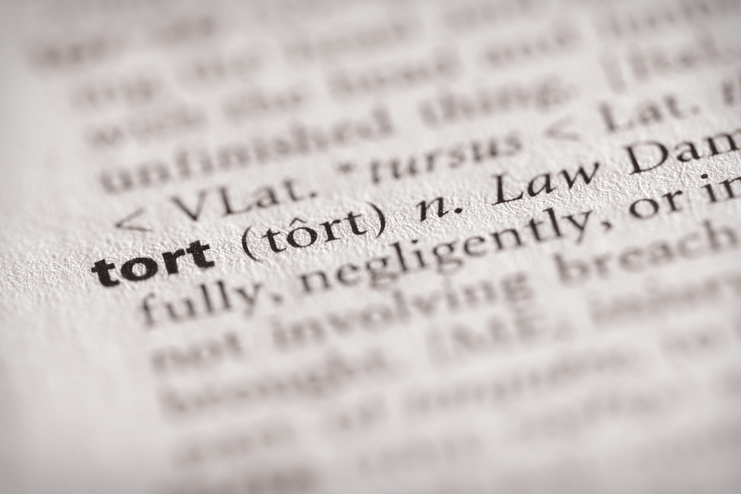 a close-up definition of the word “tort” in the dictionary