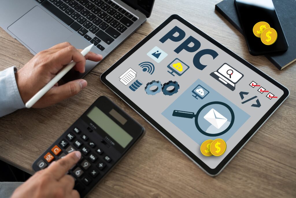 Text PPC on laptop with marketing icons and a PPC optimization expert types on calculator