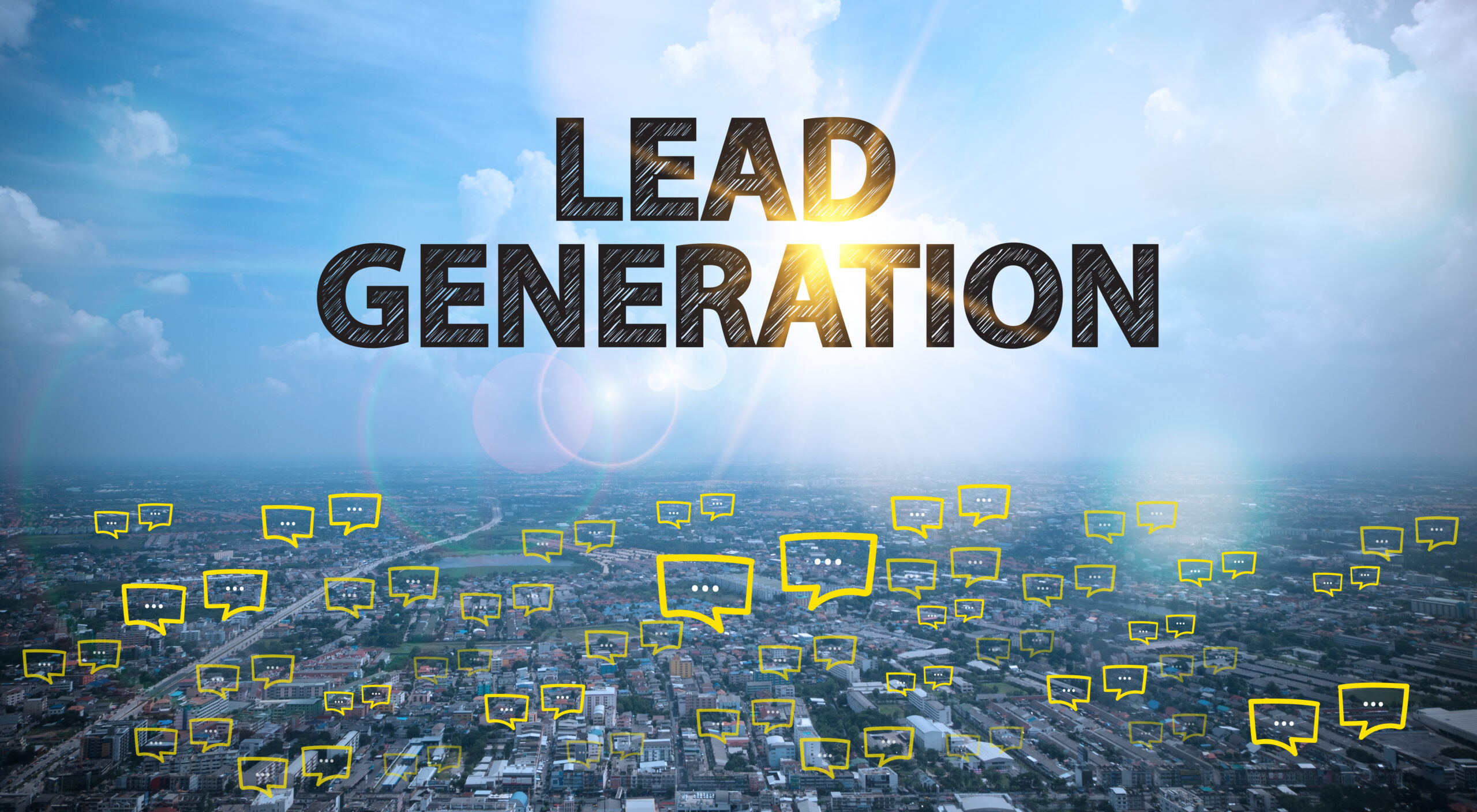 Black text "Lead Generation" floats in a blue sky above a city with speech bubbles popping up