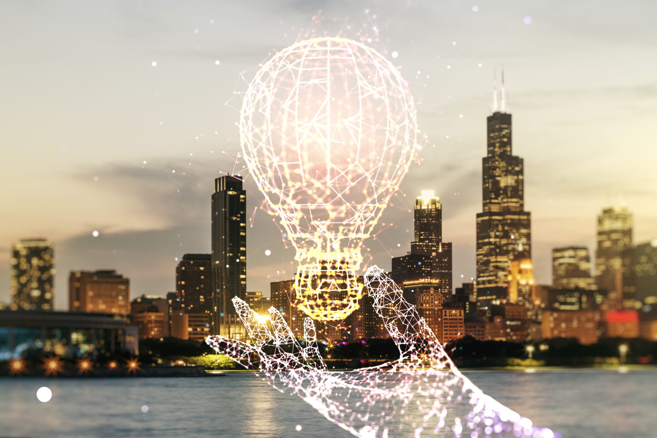 Outline of a glowing hand holds a lightbulb in front of the Chicago city skyline representing SEO visibility